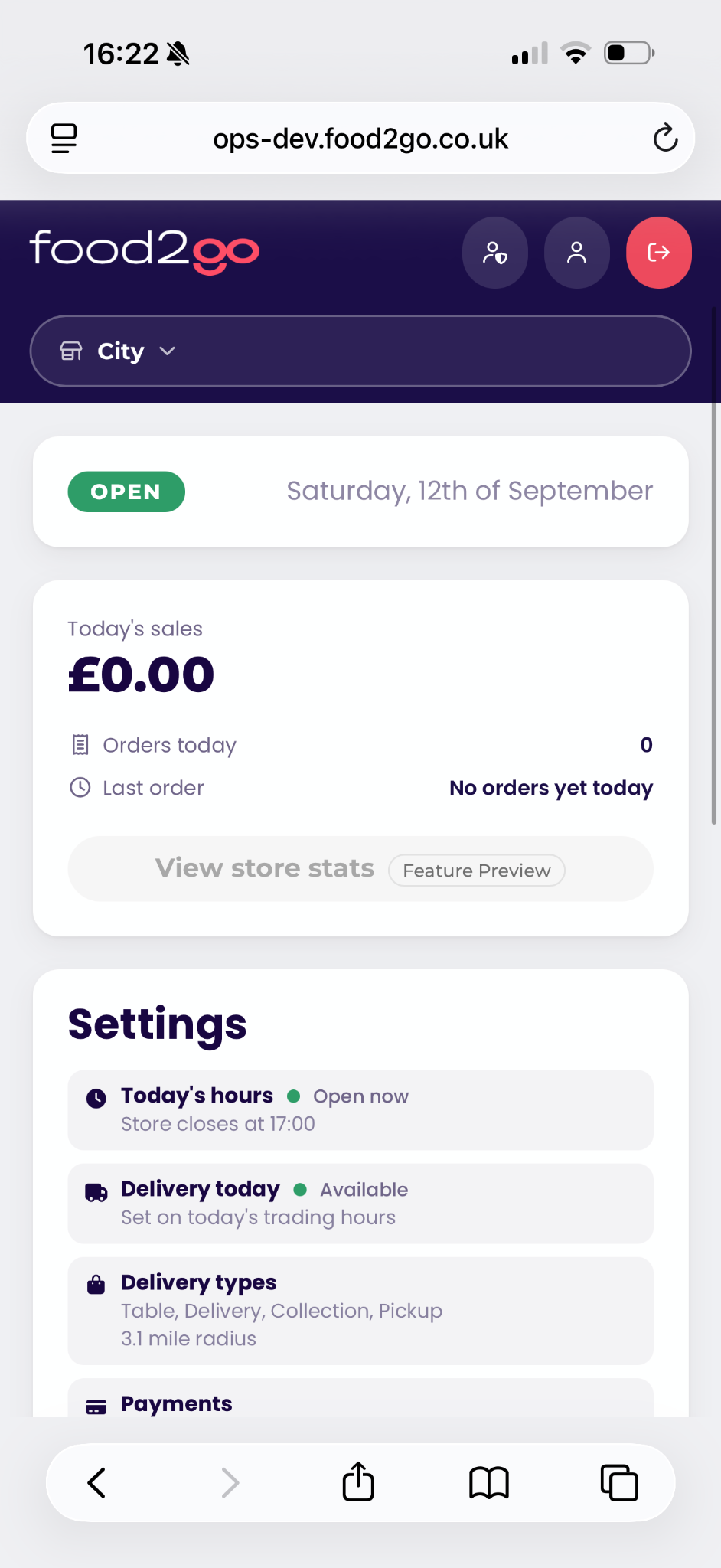 food2go Ops Console dashboard