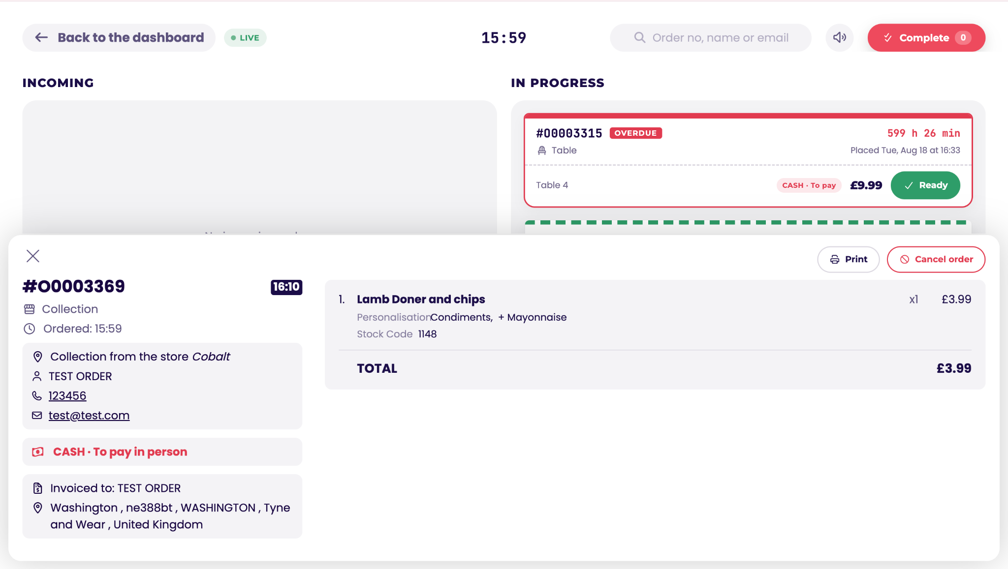 food2go Ops Console showing live takeaway order management
